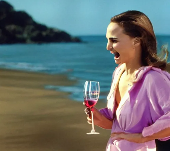 Prompt: color photo still of natalie portman drinking wine on the beach, sunny day, laughing, close up, detailed