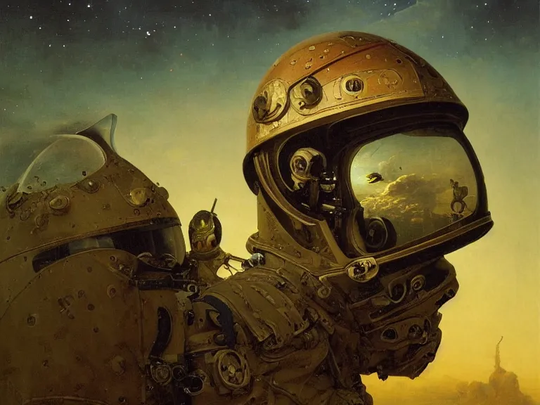 Image similar to a detailed profile oil painting of a soldier in a spacesuit with reflective helmet, advanced technology flight suit, portrait symmetrical and science fiction theme with aurora lighting clouds and stars by beksinski carl spitzweg and tuomas korpi. baroque elements, full-length view. baroque element. intricate artwork by caravaggio. Trending on artstation. 8k