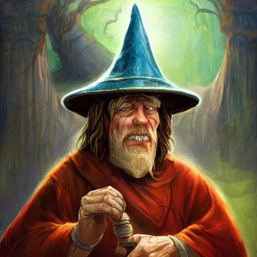 Image similar to Chawick the Fail Wizard, a ponce wizard's apprentice in ragged and stained wizard's robes and hat. 8k resolution, full-length portrait, digital painting, fantasy art, D&D character art, greg rukowski, frank frazetta, larry elmore.