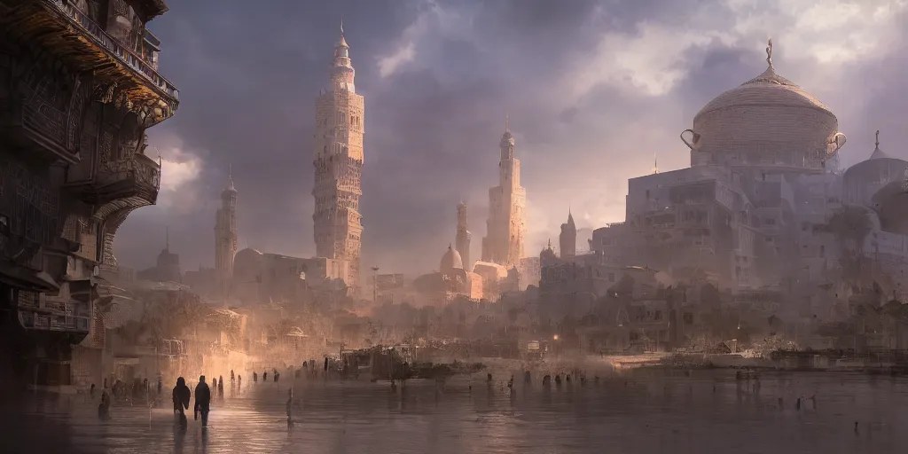 Prompt: Islamic city, beautiful dynamic lighting, cinematic, wide angle establishing shot, extremely high detail, photo realistic, cinematic lighting, post processed, concept art, artstation, matte painting, style by eddie mendoza, raphael lacoste, alex ross, volumetric lighting, light rays, photorealistic, ultrarealistic, moody, coronarender, 8k