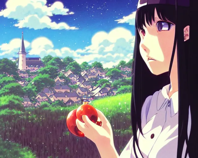 Image similar to beautiful anime girl with long black hair and bangs, red eyes, fine details portrait, village in the background, bokeh. anime masterpiece by Studio Ghibli. illustration, sharp high-quality anime illustration in style of Ghibli, Ilya Kuvshinov, Artgerm