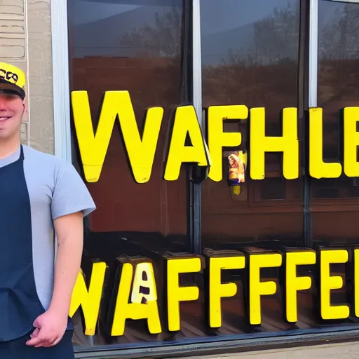 Image similar to wafflehouse employee's standing below wafflehouse sign