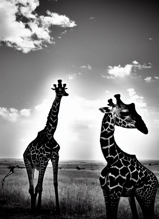 Image similar to two giraffe black and white portrait white sky in background