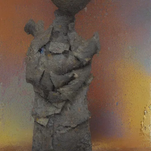 Prompt: an arid impasto painting by shaun tan of an abstract forgotten sculpture by the caretaker and ivan seal