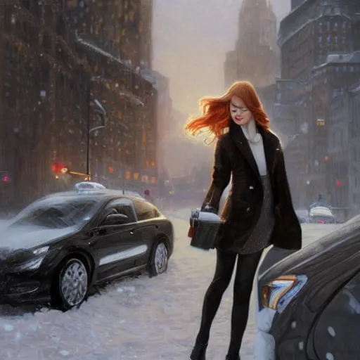 Image similar to ultra realistic illustration, emma stone getting out of a taxi in winter, intricate, elegant, highly detailed, digital painting, artstation, concept art, smooth, sharp focus, illustration, art by artgerm and greg rutkowski and alphonse mucha