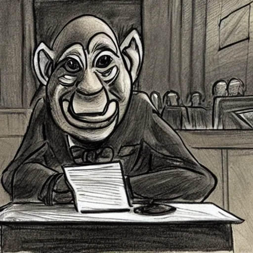 Image similar to a vivid courtroom sketch of a goblin testifying on trial,