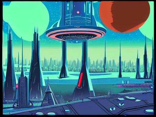 Prompt: a scifi illustration, Galactic City on Coruscant from Star Wars. flat colors, limited palette in FANTASTIC PLANET La planète sauvage animation by René Laloux