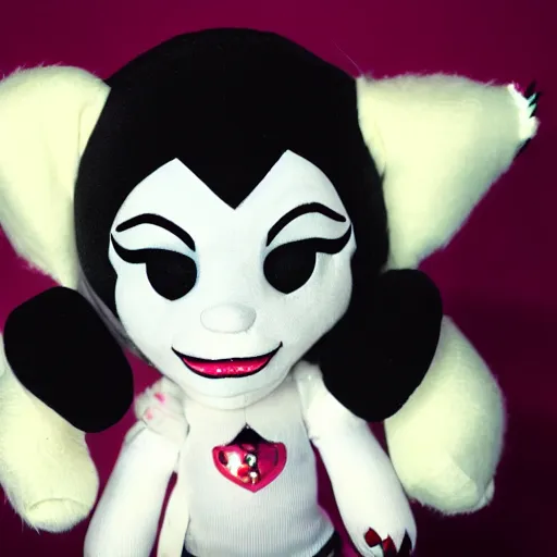 Image similar to an happy lady gaga in harley quinn pupyplush doll, background dark, portrait, 8k