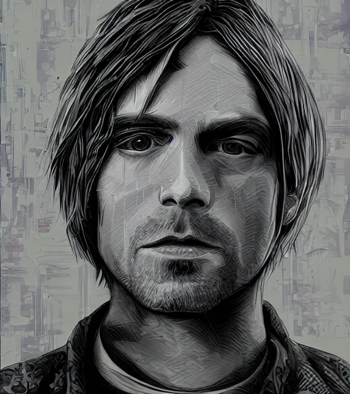 Image similar to Kurt Cobain with multiple digital patchwork faces, techwear, Industrial Scifi, detailed illustration, character portrait, by Martin Grip and Moebius