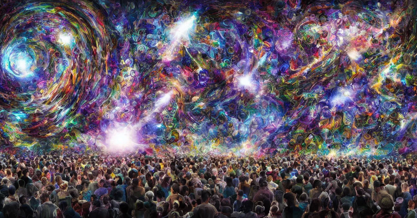 Image similar to crowd of human egos are trapped in the illusion of physical reality, sitting in a front of wide screen of life, where the light of consciousness project their destiny, realistic image full of sense of spirituality, life meaning, meaining of physical reality, happy atmosphere, beautiful concept art, super detail