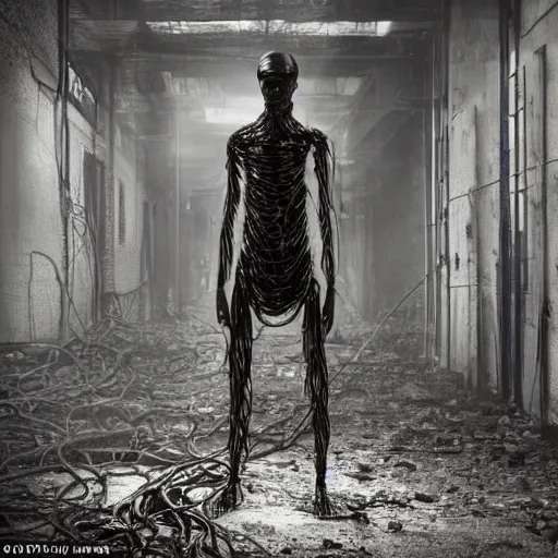 Image similar to a human figure wrapped in electrical wiring in a dirty abandoned industrial wasteland, moody, atmospheric, cinematic