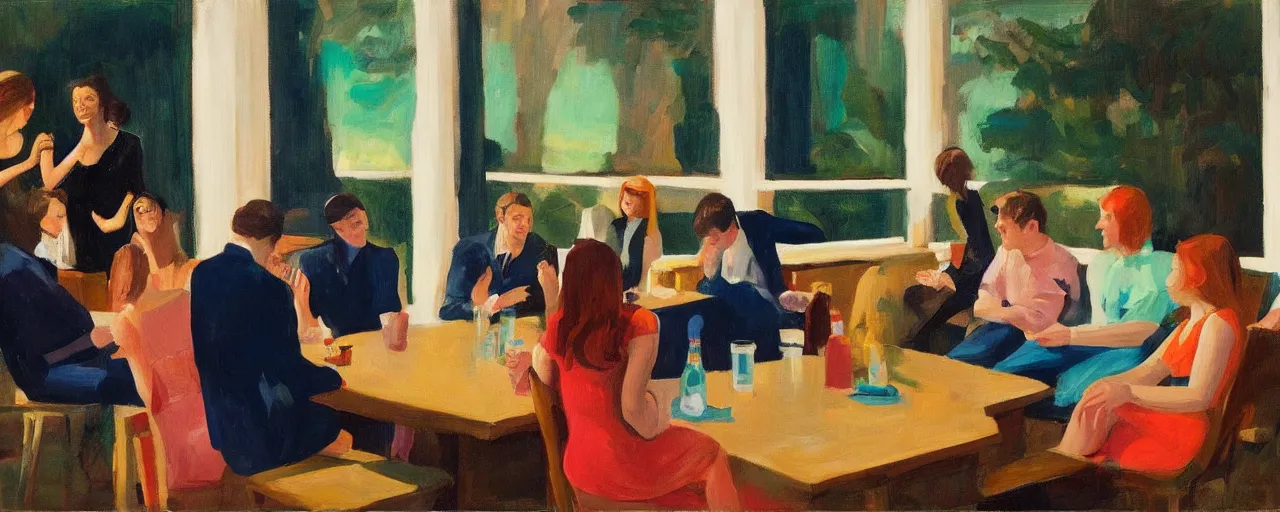 Image similar to a group of gen z friends sitting around talking about climate change while drinking old fashions, in the style of an edward hopper painting