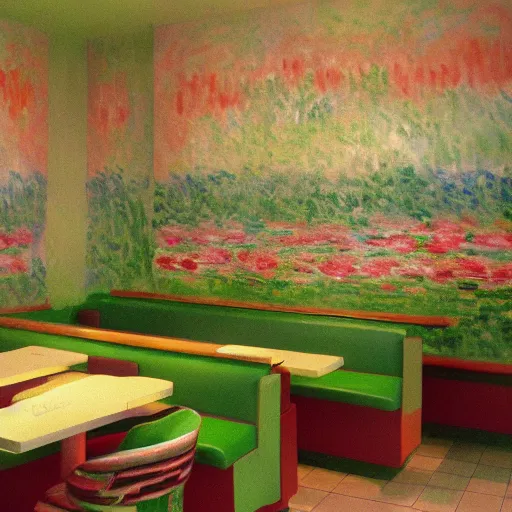 Image similar to mcdonalds designed by Claude Monet, interior photography