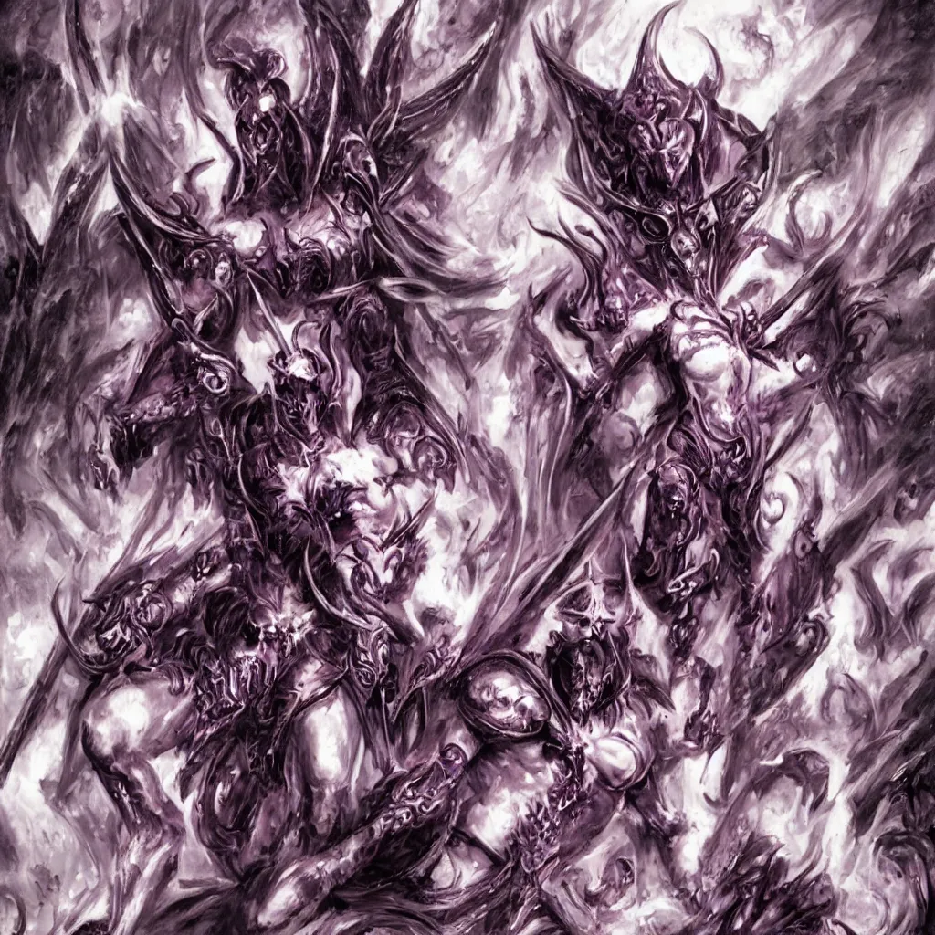 Prompt: Slaanesh, also known as the Dark Prince, the Prince of Pleasure, the Lord of Excess, the Perfect Prince, and Prince of Chaos in the Imperium of Man and She Who Thirsts among the Aeldari, is the Chaos God of pleasure, hedonism, excess and decadence.