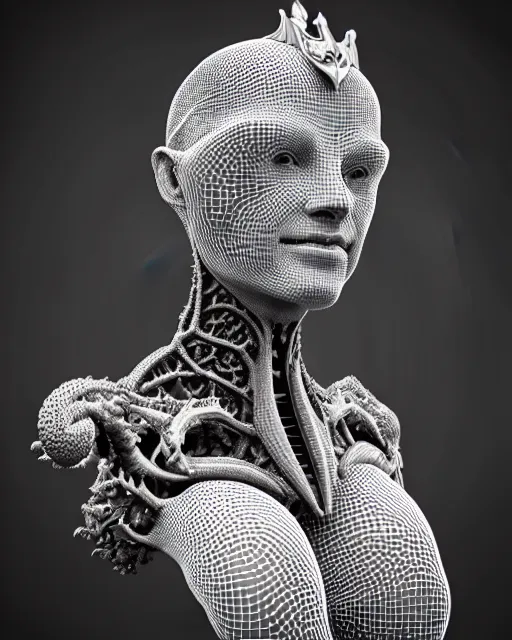Image similar to a black and white 3D render of a young beautiful female queen-dragon-cyborg bust with a very long neck and Mandelbrot fractal face, Mandelbrot fractal skin, flesh, anatomical, facial muscles, veins, arteries, elegant, highly detailed, flesh highly baroque ornate, hair are cable wires, elegant, high fashion, rim light, octane render, in the style of H.R. Giger, Realistic, Refined, Digital Art, Highly Detailed, Cinematic Lighting, rim light, black and white, photo-realistic, 8K