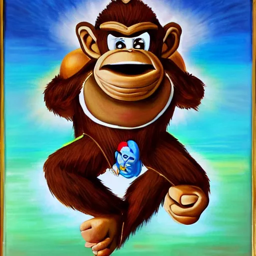 Image similar to Donkey Kong as Jesus Christ, dying on the cross for our sins, oil painting