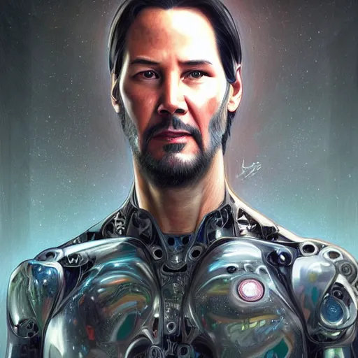 Image similar to full figure ultra realistic illustration, keanu reeves as cyborg, intricate, elegant, highly detailed, digital painting, artstation, concept art, smooth, sharp focus, illustration, art by artgerm and greg rutkowski and alphonse mucha