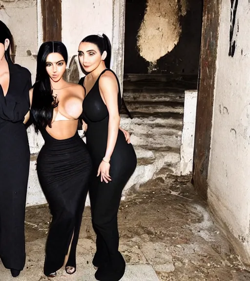 Prompt: Tony montana hugging kim kardashian & kylie Jenner in a derelict mafia mansion