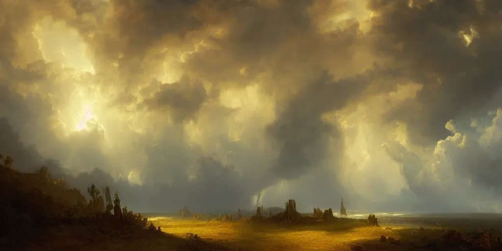 Prompt: a beautiful painting of epic skycape with thunder clouds and storm over a moody landscape by albert bierstadt and joseph zbukvic, moody color scheme, high detail, trending on artstation, orange : - 1 0, yellow : - 1 0