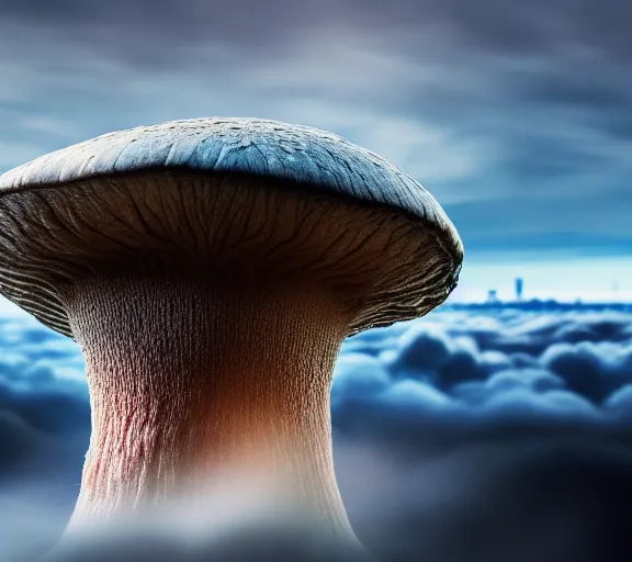 Prompt: a giant mushroom that has a city built on it and stretches above the clouds. highly detailed 8 k. intricate. lifelike. soft light. nikon d 8 5 0. cinematic post - processing