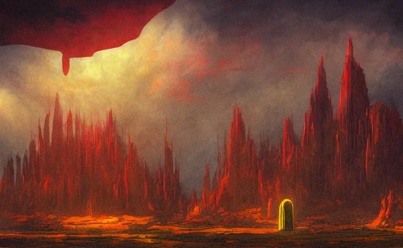 Image similar to by Moebius , landscape of mystic dark cult, monumental giant palace, lone scavenger near by, sun light through dark clouds, red+yellow colours, high quality details, one point perspective, denoise deep depth of field