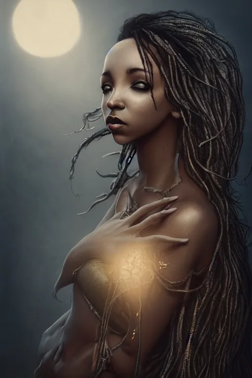 Image similar to a photorealistic portrait of tinashe as mysterious dark goddess of death, realism, clouds, swirling fabric, elaborate ornate growth, gilded relief, volumetric lighting, light shafts, ambient light, trending on artstation, by alessio albi