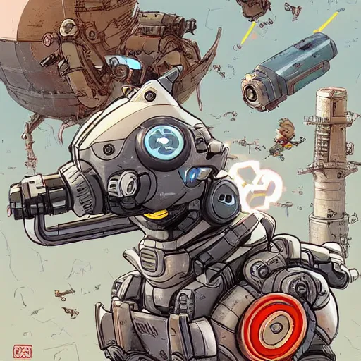 Image similar to cyborg corgi with a robotic eye and a small cannon for a tail that looks like it is from Borderlands and by Feng Zhu and Loish and Laurie Greasley, Victo Ngai, Andreas Rocha, John Harris