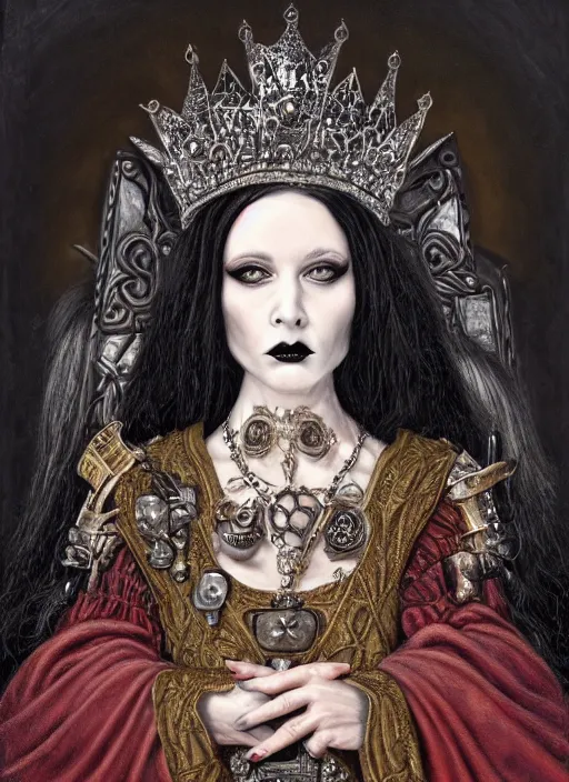 Prompt: highly detailed closeup portrait of a goth medieval queen wearing a crown and sitting on a throne, nicoletta ceccoli, mark ryden, earl norem, lostfish, global illumination, god rays, detailed and intricate environment