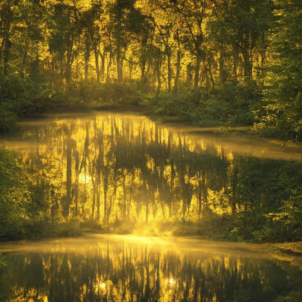 Prompt: river in a forest, golden hour, ray tracing reflection, 8 k, hyper realistic, insainly detailed, hdr, octan render