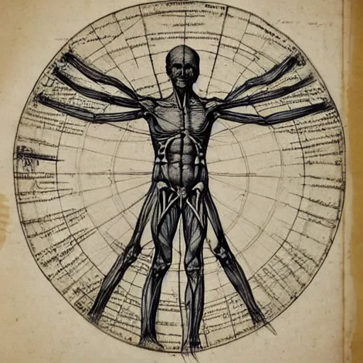 Prompt: page of an old anatomy book of fantastic creatures, depicting the anatomy of a magical fairy, laid out like the vitruvian man, old parchment