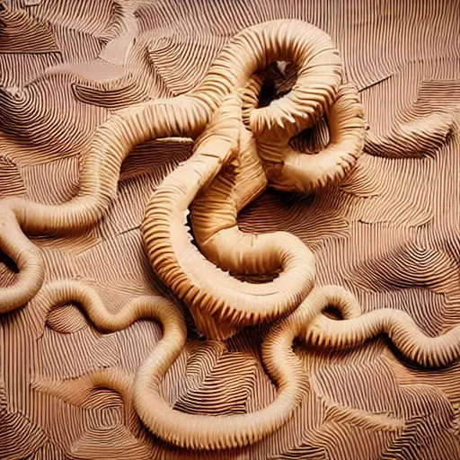 Image similar to tentacles made of brown corrugated cardboard, cut out of cardboard, realistic photography, fantasy