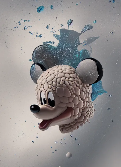 Image similar to mickey mouse head, fractal, broken, wet, mycelium, radiant alien, rococo, baroque, automotive, bio-mechanical, porcelain, iridescent sub surface scattering, octane render