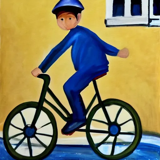 Prompt: a painting of a boy riding a bicycle in spain