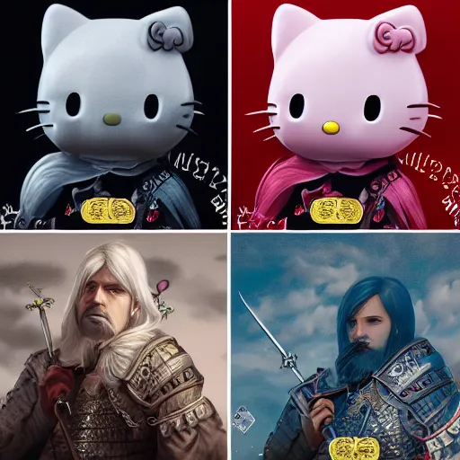 Image similar to Hello Kitty as a Witcher, by Stanley Artgerm Lau, WLOP, Rossdraws, James Jean, Andrei Riabovitchev, Marc Simonetti, Yoshitaka Amano, ArtStation, CGSociety,