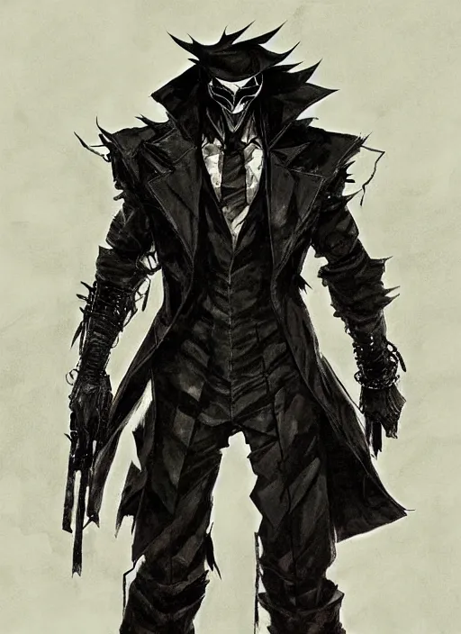 Image similar to evil deity, a man in black mask and black rugged long trench coat. in style of yoji shinkawa and hyung - tae kim, trending on artstation, dark fantasy, great composition, concept art, highly detailed, dynamic pose.