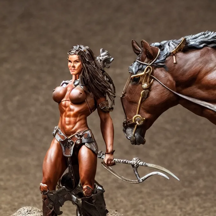 Prompt: 80mm resin detailed miniature of a Muscular Woman warrior standing next to a Horse, beautiful bone structure, symmetrical facial features, Product Introduction Photos, 4K, Full body, simple background