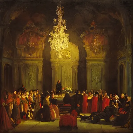 Prompt: baroque vampire ceremony, in the style of Ilya Repin, volumetric light, dramatic lighting, smoky