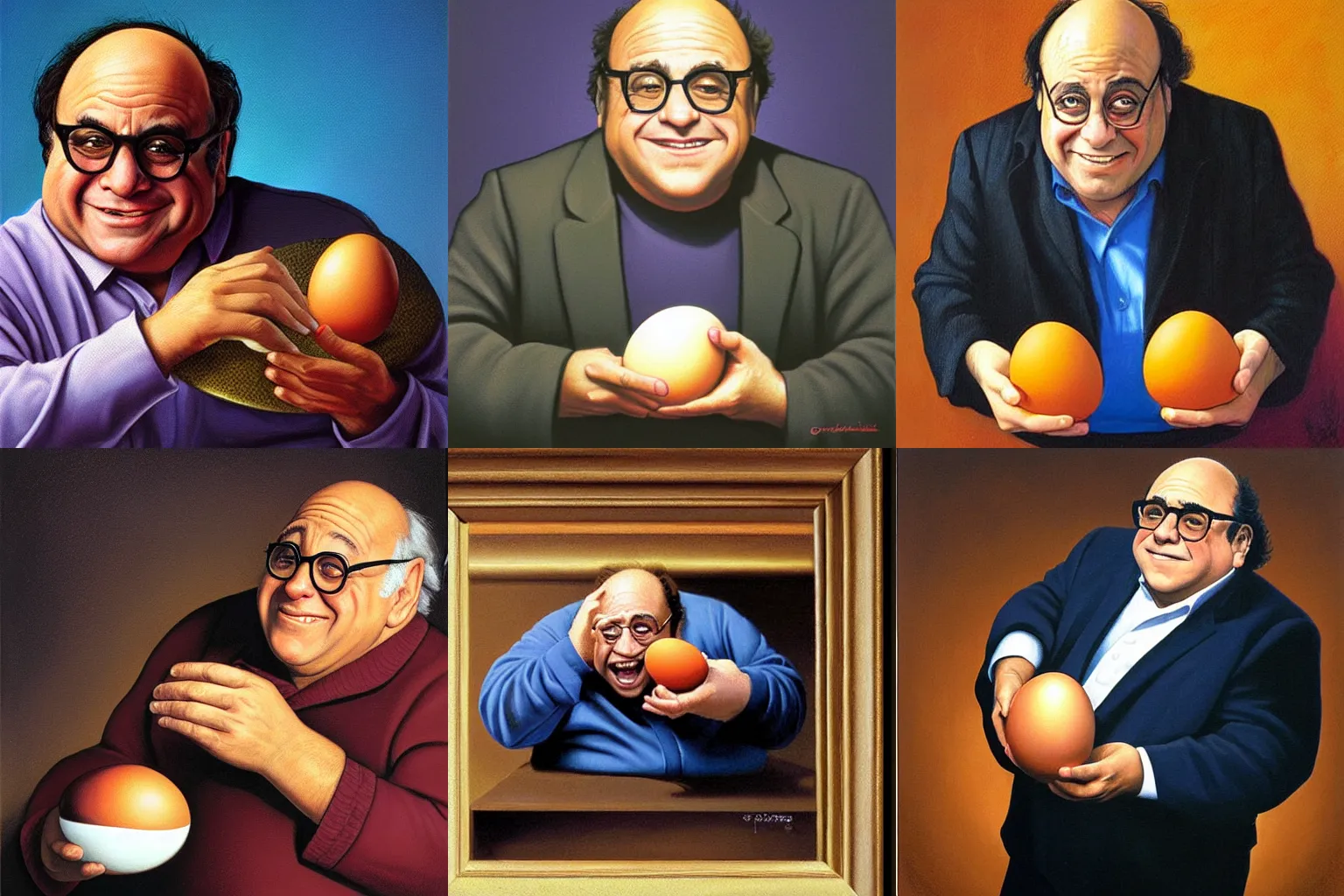 Prompt: portrait of danny devito holding an egg, painting by greg hildebrandt.