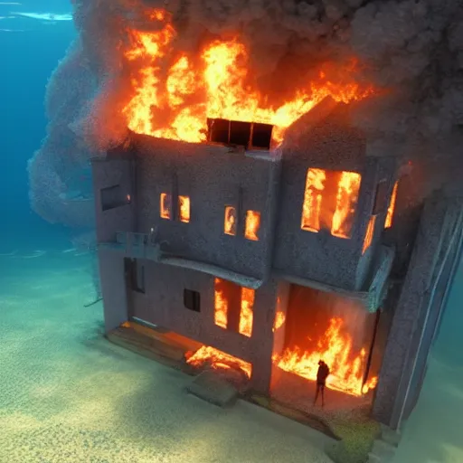 Image similar to a house burning underwater, with a humanoid robot, 8 k resolution, colorful, mariana trench