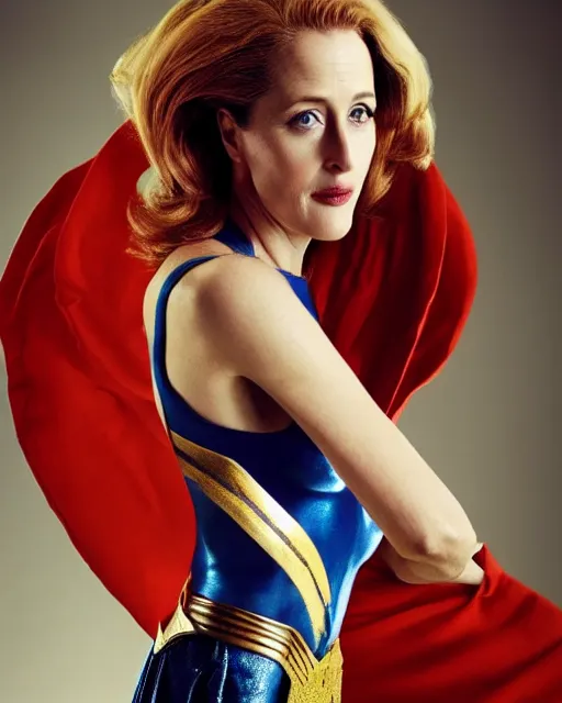 Image similar to photo of a beautiful 4 0 - year - old gillian anderson dressed as wonder woman by mario testino and stanley lau, detailed, award winning, sony a 7 r, trending on artstation