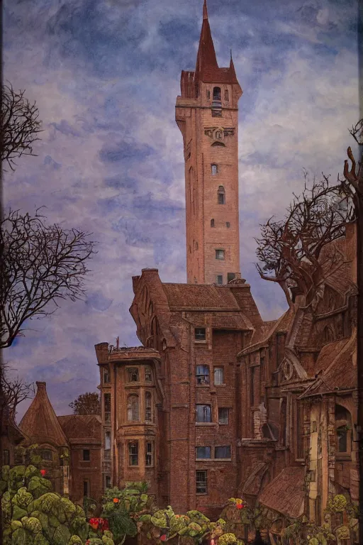 Image similar to view of the old tower and its gardens after a storm, tall windows lit up, beautiful ornamental architecture, dramatic cinematic lighting, rich colors, by Caspar David Friedrich and Diego Rivera and ford madox brown and Nicholas Roerich and April Gornik, smooth, sharp focus, extremely detailed, featured on artstation