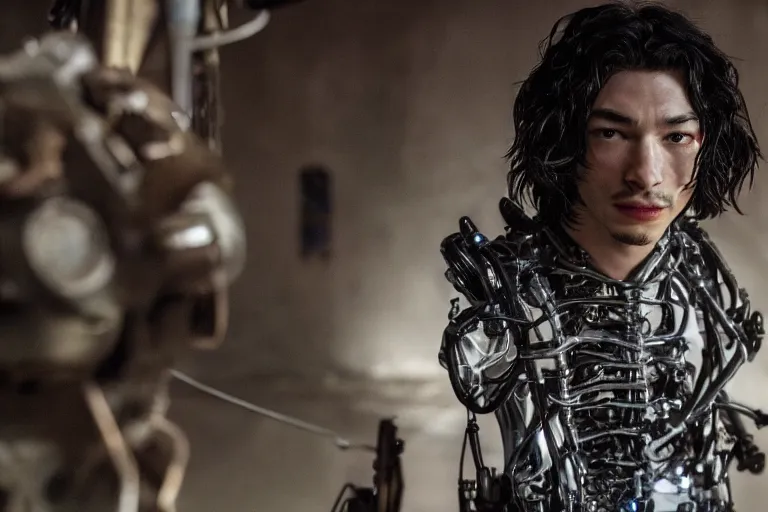 Image similar to a cinematic portrait of ezra miller fusing with a mechanical monstrosity, hyperdetailed, shinya tsukamoto, 8 k, hd, high resolution, 8 5 mm, f / 1. 8