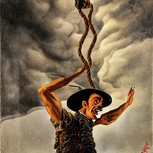 Image similar to Adam Ondra, portrait, long mustache, mustache is climbing rope, by Dali, style of salvador dali self-portrait