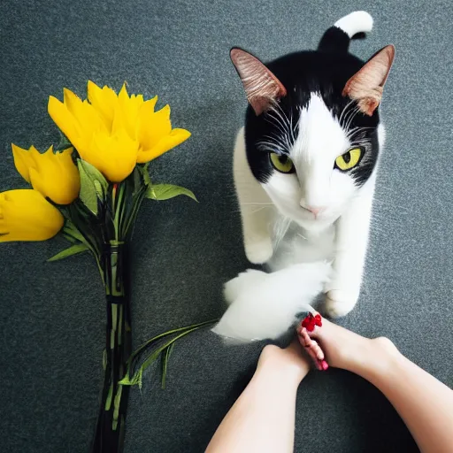 Prompt: pov shot photography of white yellow black cat, biting a flowers bouquet in her mouth, under my feet wearing jeans and sneakers, large happy eyes, octane render, photorealistic, 8 k