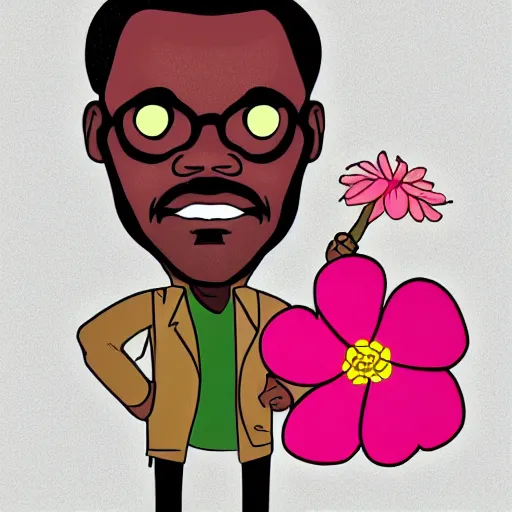 Image similar to a stylized cartoon of samuel l jackson with a pink flower in his hand