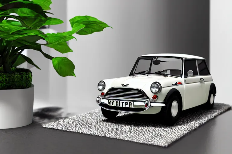 Prompt: a small miniature of a Mini Cooper S 1963 on a white table near a vase with a plant near a window at sunset, 3d render, unreal engine 5, octane render, 4k, low contrast, ray tracing, serene landscape, calm, relaxing, beautiful landscape, highly detailed, high quality, product photo, hyperrealistic, concept art, symmetrical, centered, godrays