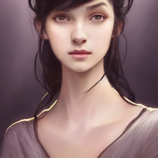 Image similar to portrait of teenage girl with long glossy black hair, glowing skin, delicate features, victoria wallace, fantasy, intricate, elegant, dress shirt and tie, highly detailed, digital painting, artstation, concept art, smooth, sharp focus, illustration, art by Krenz Cushart and Artem Demura and alphonse mucha