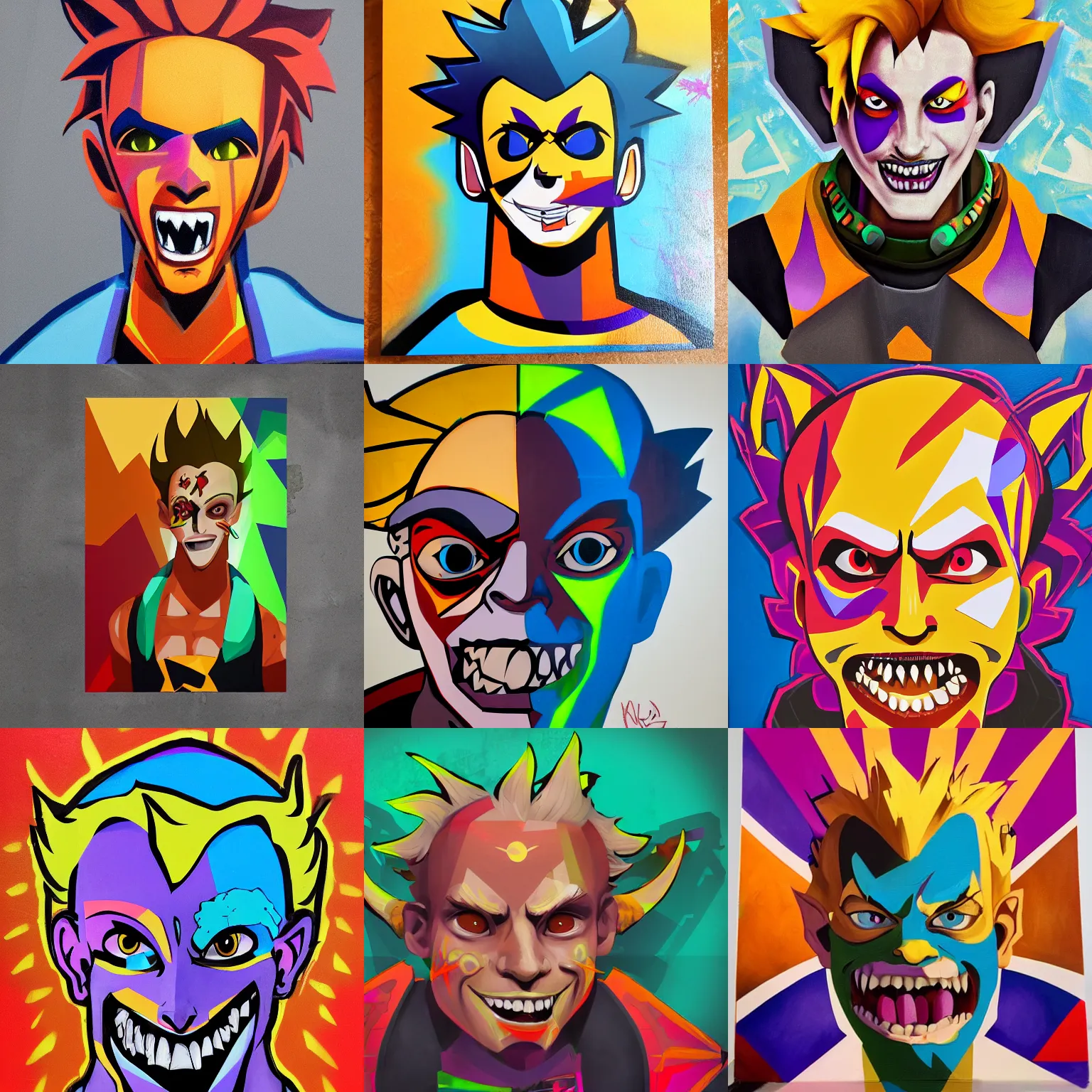 Prompt: A portrait of Junkrat (Overwatch), geometric shapes, rounded corners, vibrant colors, spray paint