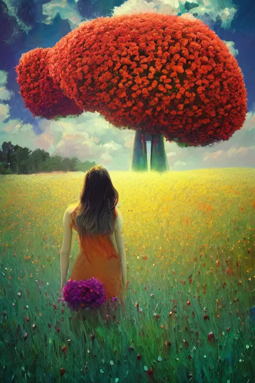 Image similar to giant flower head, girl walking in a flower field, surreal photography, sunrise, dramatic light, impressionist painting, colorful clouds, digital painting, artstation, simon stalenhag