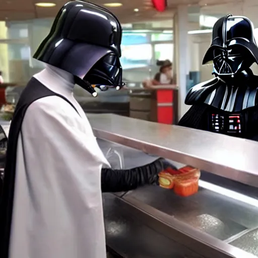 Image similar to Darth Vader takes your food order at Good Burger, he's wearing a food safety hair net